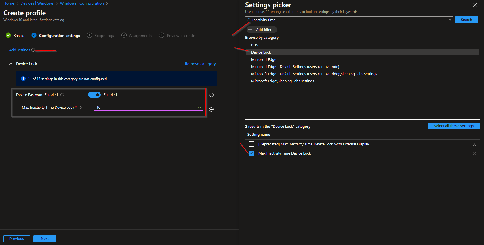 Configuring Max Inactivity Time Device Lock in Intune